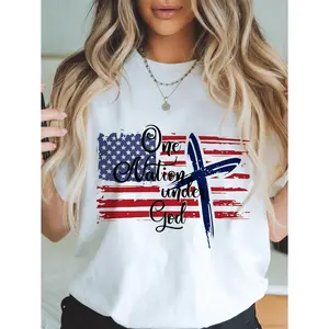 Celebrating American Heritage with "One Nation Under God" Flag Themed Casual T-Shirt for All Seasons Perfect for Women and Independence Day