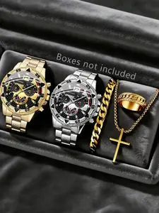 Men's Large Dial Precision Analog, Exquisite Watch Set, Gold Chain & Ring Set, Trendy Cool Style, Perfect for Parties, Nightclubs, Holidays, Birthdays