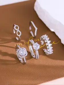 Elegant Women's Wedding Party Bridal Ring Sets, Geometric Design Copper Zirconia Inlay Jewelry, 5-Piece Luxury Bridal Accessories