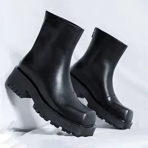 Square toe thick soled men's high top derby shoes, black thick soled height increasing Chelsea boots, mid top men's boots