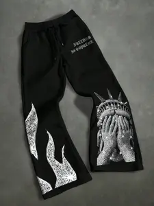 Men's Graphic Wide Leg Pants with Drawstring Waist, Gothic Flame Print Joggers for Street Style, Y2K Aesthetic Casual Pants