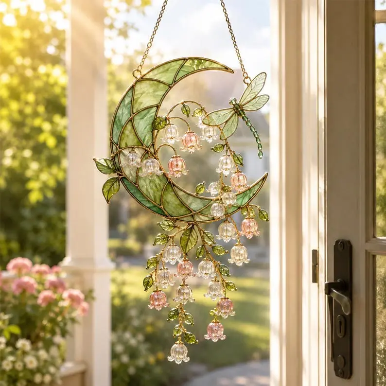 Cottagecore Dragonfly Lily of the Valley Crescent Moon Suncatcher Hanging Window Art, Handcrafted Faux Stained Glass Acrylic & Crystal Beads, Perfect Aesthetic Gift for Garden and Nature Lovers