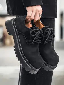 Men's Spring New Thick Sole Height Increasing Fashion Boots, Gradient Color PU Leather, Round Toe, Lace Up, Casual Style, All Seasons, Closed Shoe