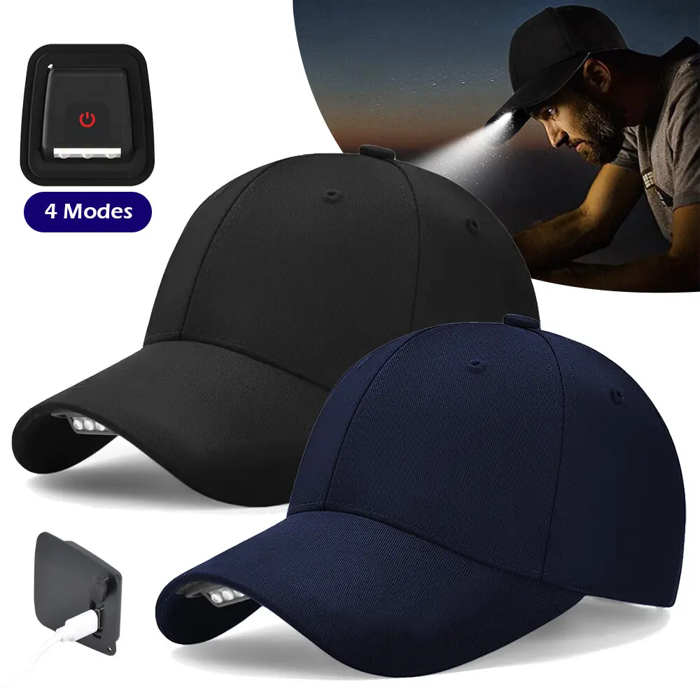 HOMEYA Basic Cotton LED Baseball Cap, USB-C Rechargeable Headlamp with 4 Light Modes for Hiking, Camping, and Casual Daily Use, Led Light, Hiking / Light Outdoor