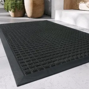 Outdoor Mat Non Slip Doormat 17"x30" Front Door Mat Outside Absorbent Rubber Welcome Mat Low Profile Dirt Trapper Indoor Outdoor Doormat Thicken Checker Entryway Rug Floor Mat Black