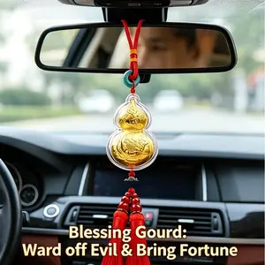 Gold Foil Five Blessings Hanging Ornament, Wealth God, Mazu, Gourd, Fortune Bag, Feng Shui Decor, Gift for Business Events, Includes Rope