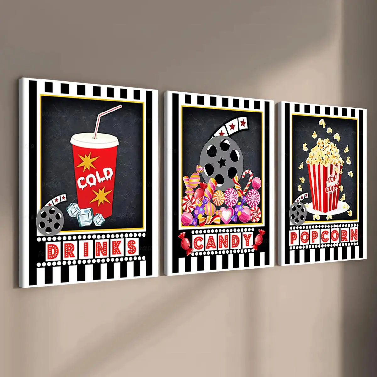 Drinks & Candy & Popcorn Pattern Wooden Framed Canvas Painting, Decorative Artwork, Living Room Decorations, 3 Counts/set Movie Themed Wall Art, Wall Decor for Home Living Room Bedroom Office