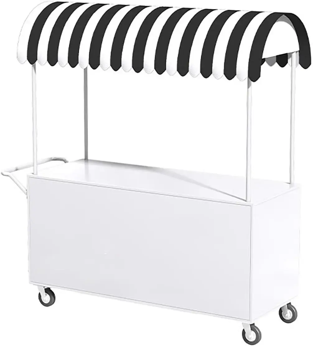 Cart with Wheels Selling Food,Rolling Vending Cart with Striped Canopy,Exquisite Wrought Ironwork, Ultra-high Load-Bearing Capacity,for Market Street Food & Events.(White,31.5 * 23.6 * 74.8in)