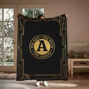 Gift For Him Flannel Throw Blanket, Custom Initial Black Gold Art Deco Soft Cozy Blanket, Warm For Living Room Bedroom Office Nap, Father's Day Birthday Gift For Dad Husband Brother, The Man The Myth The Legend Monogram Keepsake Home Decor, Customizable D
