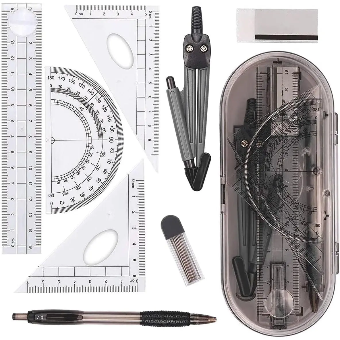Math Geometry Kit Set 8 count Student Supplies with Shatterproof Storage Box,Includes Rulers,Protractor,Compass,Pencil Lead Refills,Pencil,Eraser.for Students and Engineering Drawings
