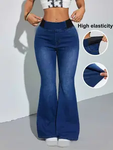 Women's Elastic-Waist Denim Bell Bottoms, Casual High-Stretch Slim-Fit Jeans Pants, Comfortable Fashion Design for Daily Wear