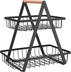 2 Tier Countertop Fruit Basket,Portable Fruit Bowle Basket for Kitchen Organizer Storage & Dining Room Fruits Vegetable Bread Snacks, Detachable Metal Rectangle Basket Storage