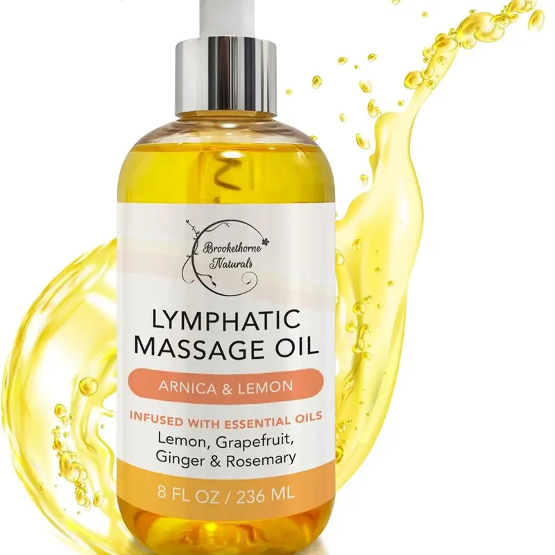 Brookethorne Naturals Gentle Soothing Lymphatic Drainage Botanical Extracts Body & Massage Oil - 8oz Cosmetic Moisturizer with Arnica, Ginger, Lemon Zest, Hydrating Detox for Sensitive Skin, Post-Surgery Recovery, Daily Use