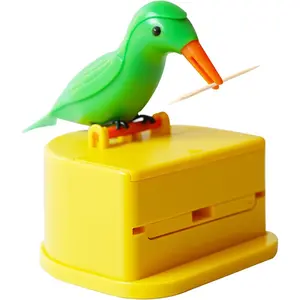 Woodpecker Toothpick Dispenser Little Bird Push-type Automatic Toothpick Holder with a Toothpick Box Portable Plastic Kitchen Decoration 1 count (Yellow & Green)