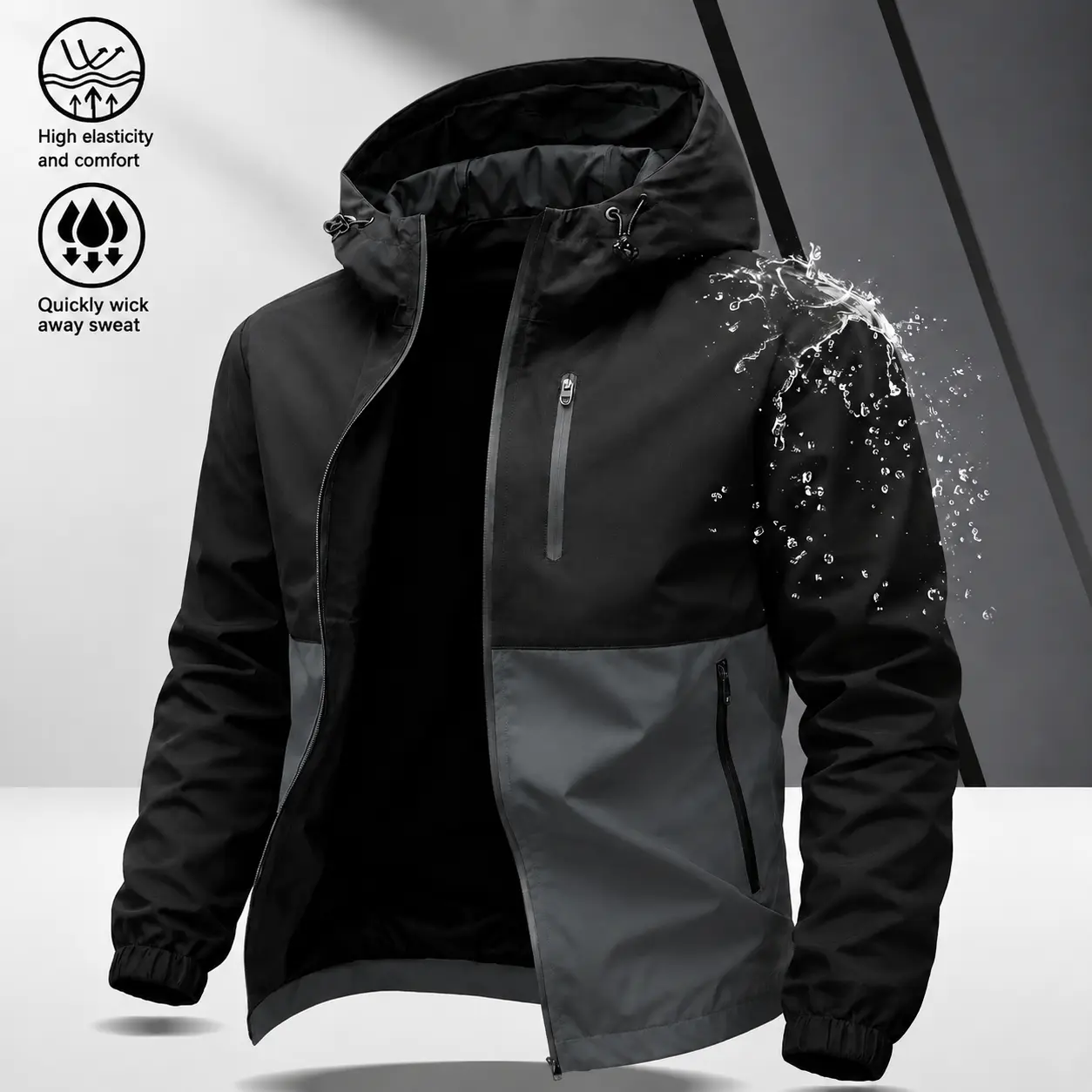 Men’s outdoor waterproof color-block hooded hardshell jacket, black-and-gray contrast design with multiple zippered pockets, windproof outerwear, oversized loose fit for autumn/winter hiking, mountaineering, everyday outings, and casual wear.