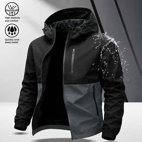 Men’s outdoor waterproof color-block hooded hardshell jacket, black-and-gray contrast design with multiple zippered pockets, windproof outerwear for autumn/winter hiking, mountaineering, everyday outings, and casual wear