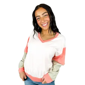 Hem & Thread I'm Coming Over Cotton Blend Long Sleeve Top - Soft Cotton Blend, V-Neckline, Colorblock Design, True to Size Fit, Versatile for Casual & Work Settings