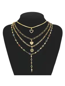 Gold Plated 4Pcs Layered Heart Sun Pendant Necklace Set for Women, Colorful Crystal Beaded Lariat Y-Necklace, Boho Y2K Fashion Jewelry, Versatile for Party Daily Wear