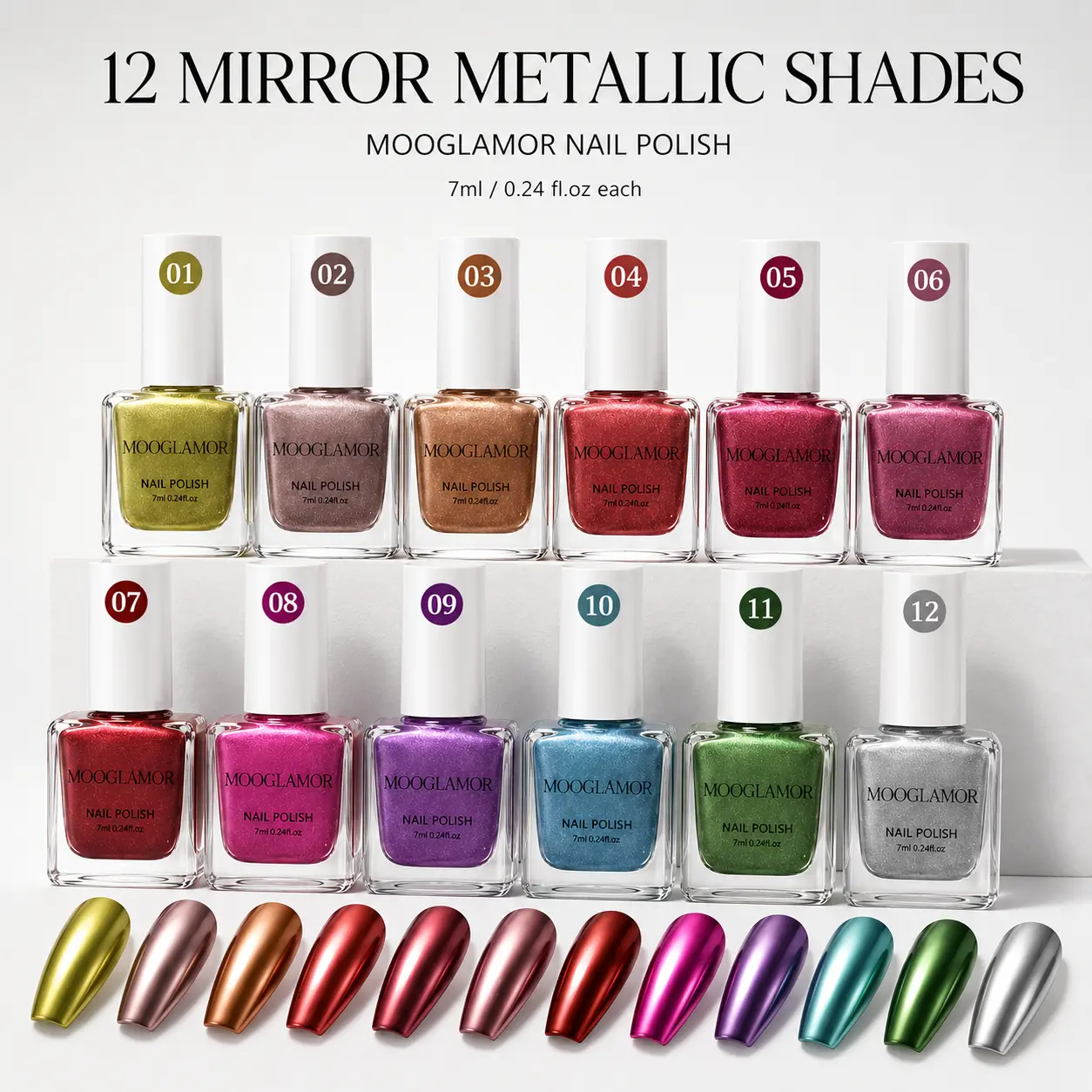 MOOGLAMOR 12-Shade Mirror Chrome Metallic Nail Polish Kit - Smooth, Brush-Applicable, Full-Coverage Air Dry Polish for Beginner Home DIY, Holiday Manicure Nail Art (Beauty Products), Multi-Pack