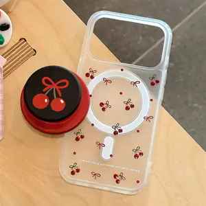 Cute Cherry Bow Pattern Magnetic Phone Case for iPhone 17/16/15/14/13/12/11 Luxury Wireless Charging Translucent Matte Protective Back Cover