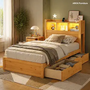Twin Size Solid Wood Bed Frame with Storage Headboard, Pull-Out Cabinet, Drawers, LED Lighting, Socket - Natural Tone (Expected Arrival Date 2026/2/10)