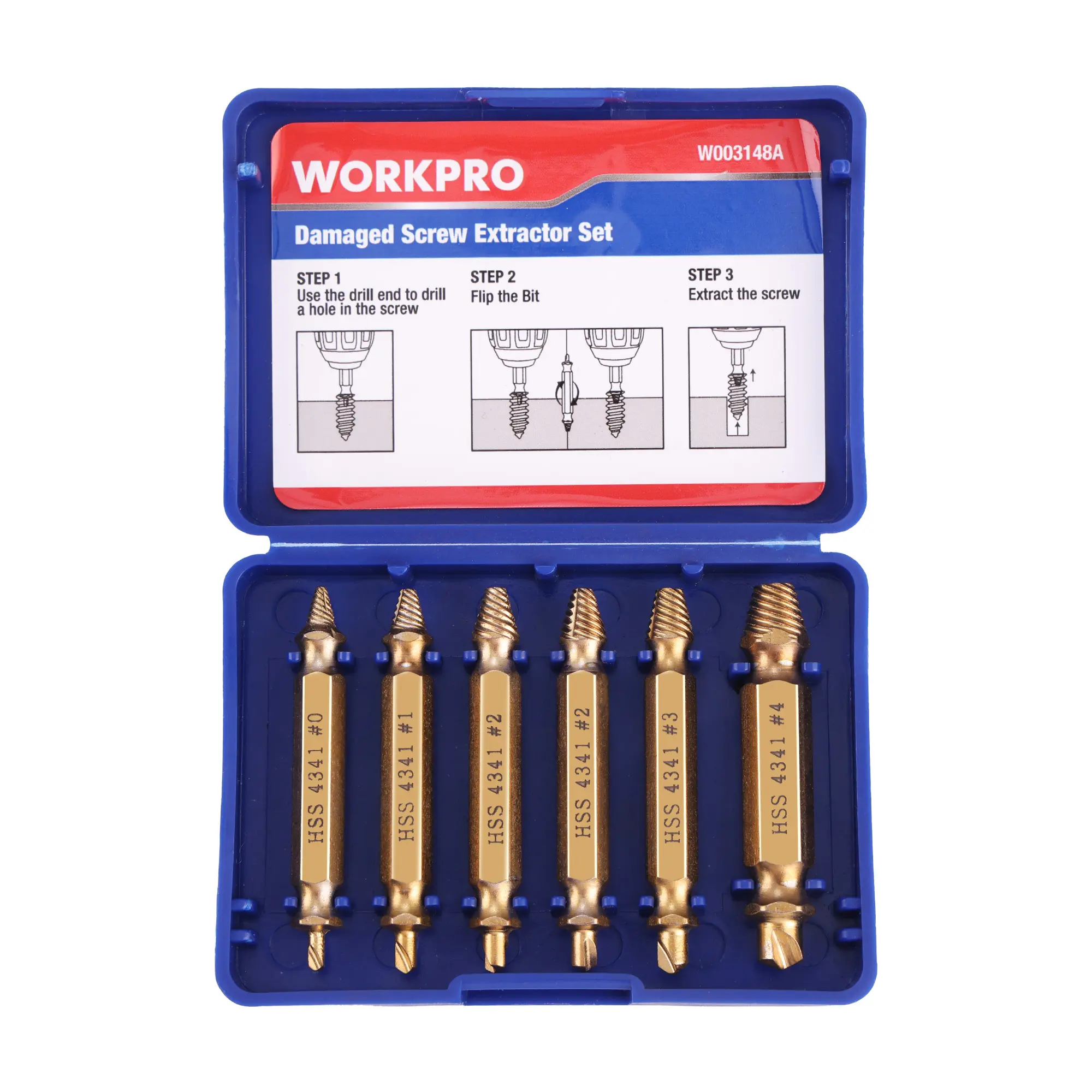 #summersale WORKPRO 6PACKS Stripped Screw Extractor Set, Titanium Coated Broken Bolt Extractor Kit, Easy Out Damaged Screw Removal Tools, 4341 HSS Reverse Drill Bits with Portable Case
