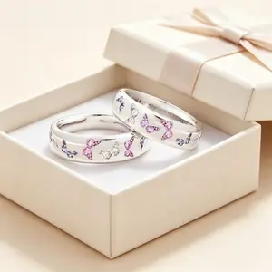 [Butterfly Ring] Unisex Stainless Steel Butterfly Ring, Colorful Synthetic Zirconia Stackable Band