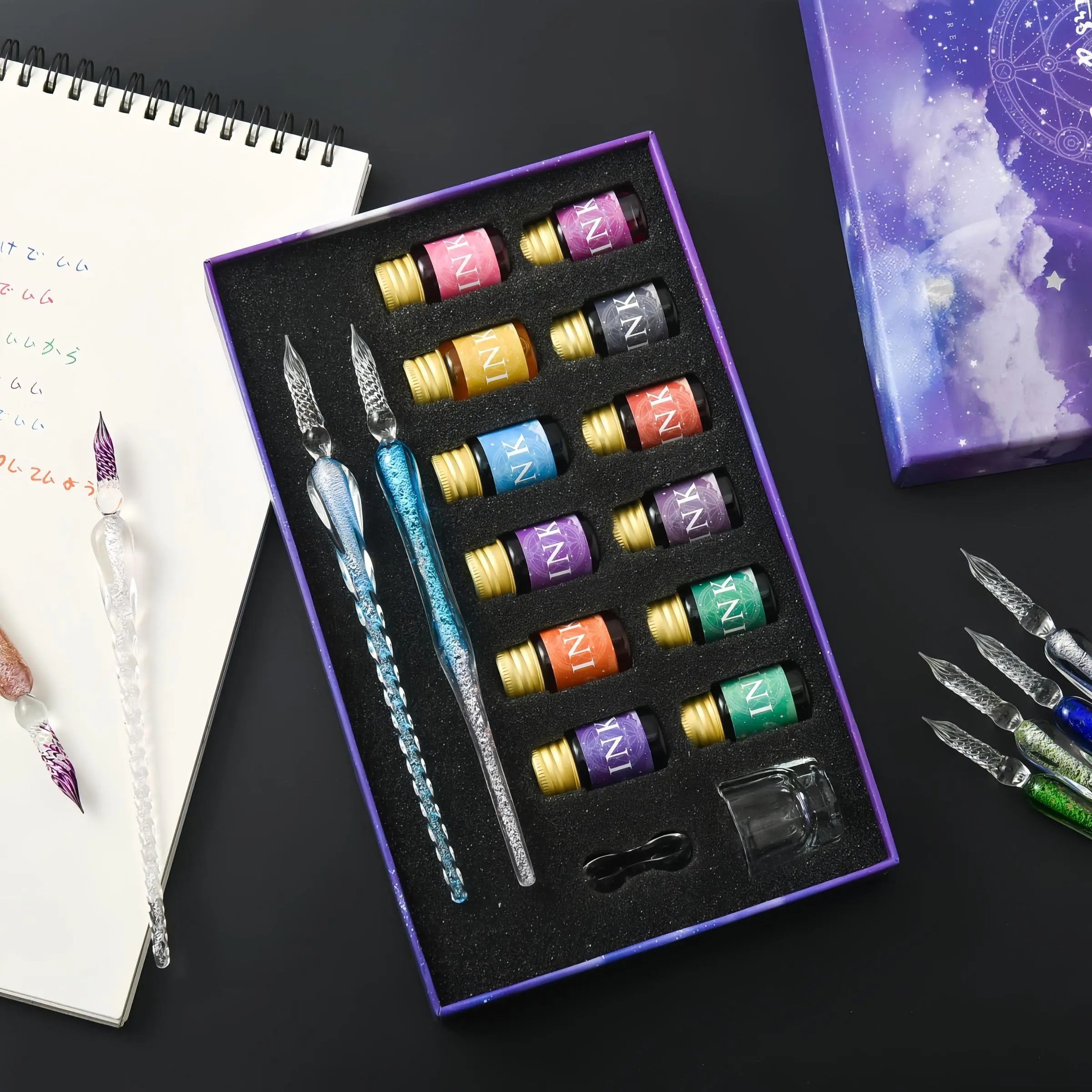 Glass Dip Pen Set with Ink and Gift Box, Elegant Student Art Supplies, Office School Supplies, Aesthetic Pens, Writing Pens, 3 Glass Pens for School and Stationery, Ideal Gift for Writers and Calligraphy Lovers