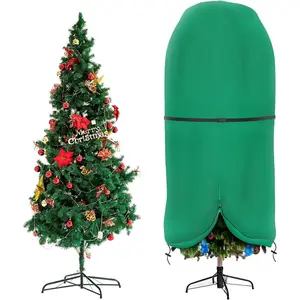 Upright Christmas Tree Storage Bag with Adjustable Straps, Xmas Tree Cover with Zipper & Drawstring for up to 7.5 Foot Artificial Tree Standing with Ornaments, Dustproof - Green