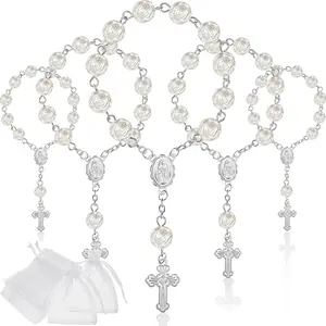 30 Pieces Mini Rosaries Baptism Rosary Beads Acrylic Ivory Color Finger Baptism Rosaries Faux Pearls with Organza Bags for Christening Weddings Party Favors
