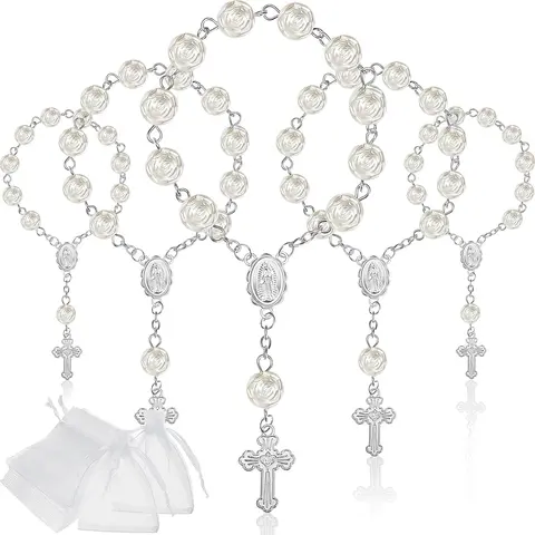 30 Pieces Mini Rosaries Baptism Rosary Beads Acrylic Ivory Color Finger Baptism Rosaries Faux Pearls with Organza Bags for Christening Weddings Party Favors