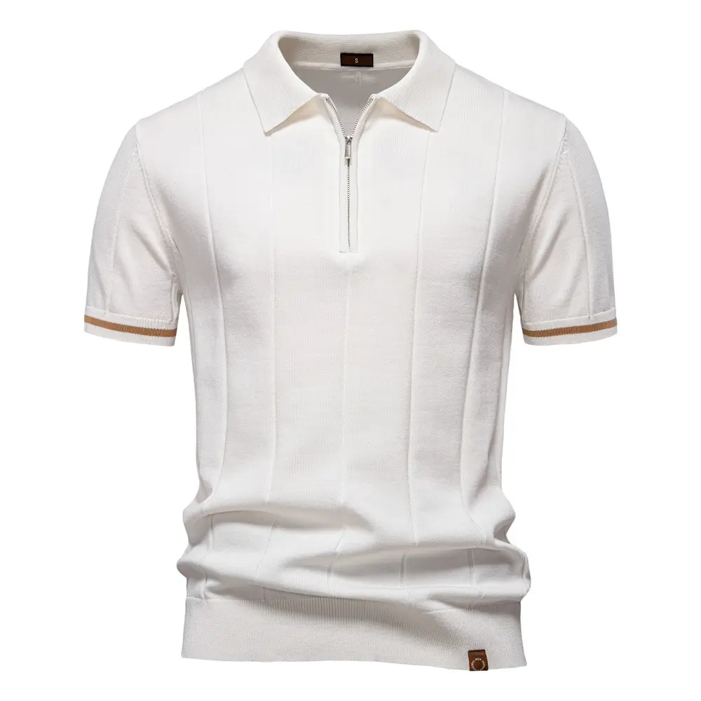 Men's Casual Polo Shirt - Menswear, Zipper Front, Brown Sleeve Trim