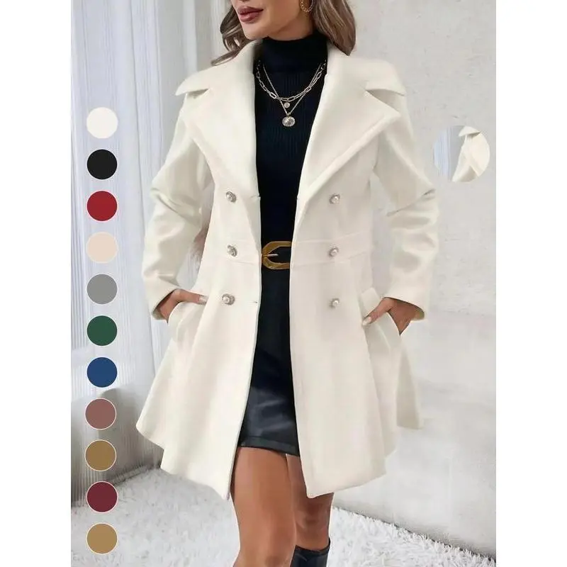 Women's Solid Double Button Pocket Overcoat, Casual Long Sleeve Lapel Neck Outerwear for Fall & Winter, Clothes Daily Wear, Clothing Women, Cute Tops, Jackets Women Elegant White Womenswear Gamis Brown Basic