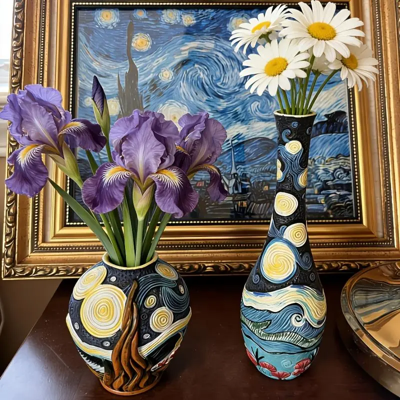 UWONDERFUL 2-Piece Cylindrical Floral Vases - Handpainted Bohemian Minimalist Home Supplies, Lightweight Retro Farmhouse Table Centerpiece for Kitchen Desk, Boxing Room Accessories (0-50 cm)