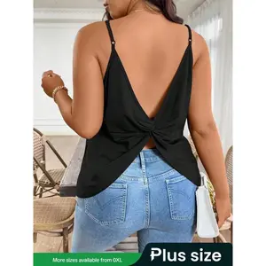 【Plus Size】 Solid Backless Halter Neck Spaghetti Strap Knit Top, Lady Casual Adjustable Cami Top for Daily Wear, Women's Plus Clothing for Summer, WomenswearGift