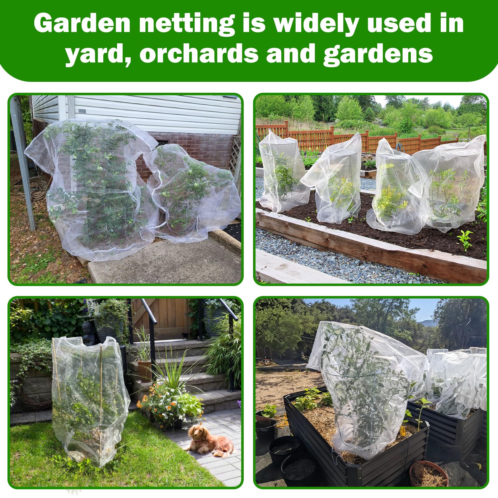 Garden Bird Net Protection — Set of 4 Drawstring Garden Protection Nets, Mosquito Net Tomato Protector Cover, Gardening Plant Protection Net suitable for cicadas, insects, vegetables, blueberries, and shrubs