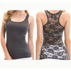 Lace Back Racerback Tank Top for Women, Floral Mesh Sheer Casual Cami Top