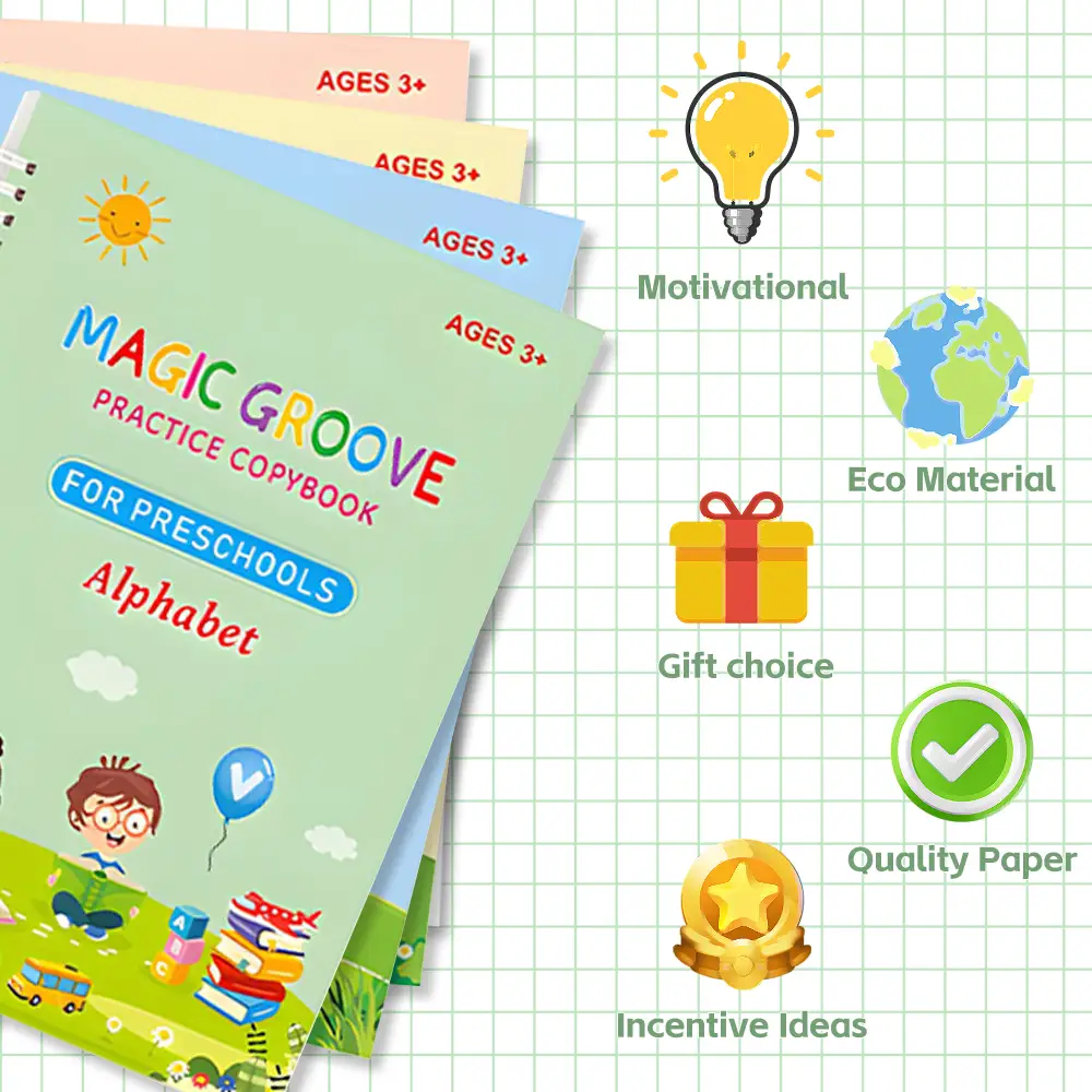Reusable Grooved Handwriting Workbooks for Kids - Disappearing Ink, Skin-Friendly Material, 6-Hour Print with Thicker Calligraphy Paper