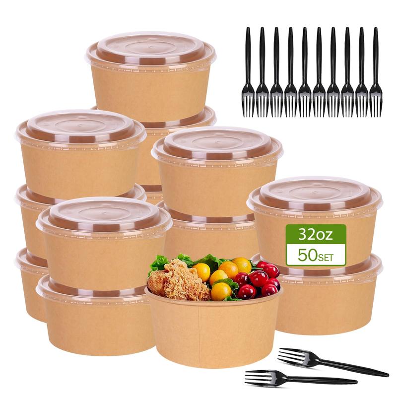 50Pack Disposable Kraft Paper Bowls with Lids and Forks,35oz Square/36oz Round,Meal Prep Containers Disposable Large Paper Bowls, Leakproof Food Containers Treat Soup Serving Bowl, Microwave Safe for Hot/Cold Food Clamshell Takeout Tray Compostable Arc Cu
