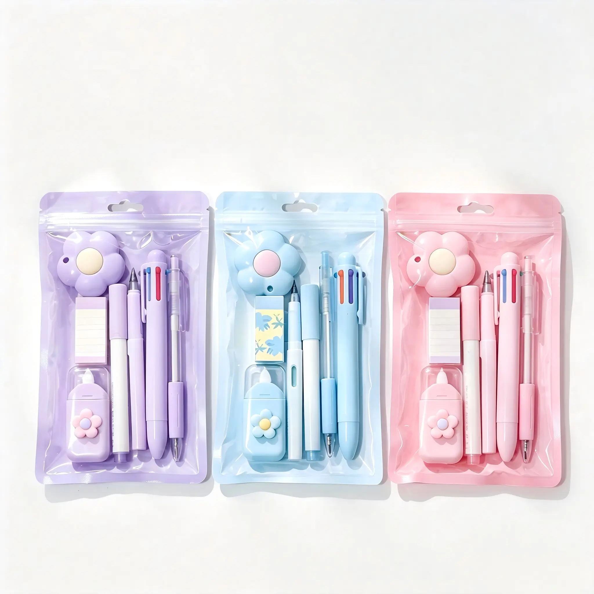 Pastel Flower 7-Piece Stationery Set - All-in-1 Cute Aesthetic Writing Kit with Gel Pens, Highlighter, Correction Tape, Flower Sharpener, Eraser, Ruler & Mechanical Pencil - 3-Color Back-to-School Student Gift (Lavender/Sky Blue/Blush Pink)