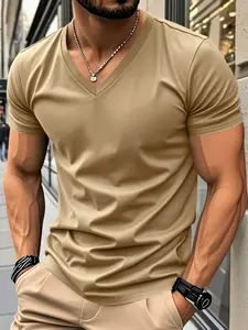 Men's solid-color plain simple polyester short-sleeved Fitted T-shirt, Casual slim fitting, breathable and comfortable V-neck design, suitable for daily casual wear and outdoor activities