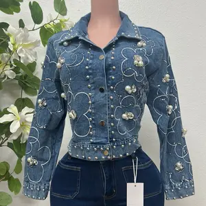 Denim Blue and White Jacket Stylized With Embroidered Flowers, Pearls, and Rhinestones