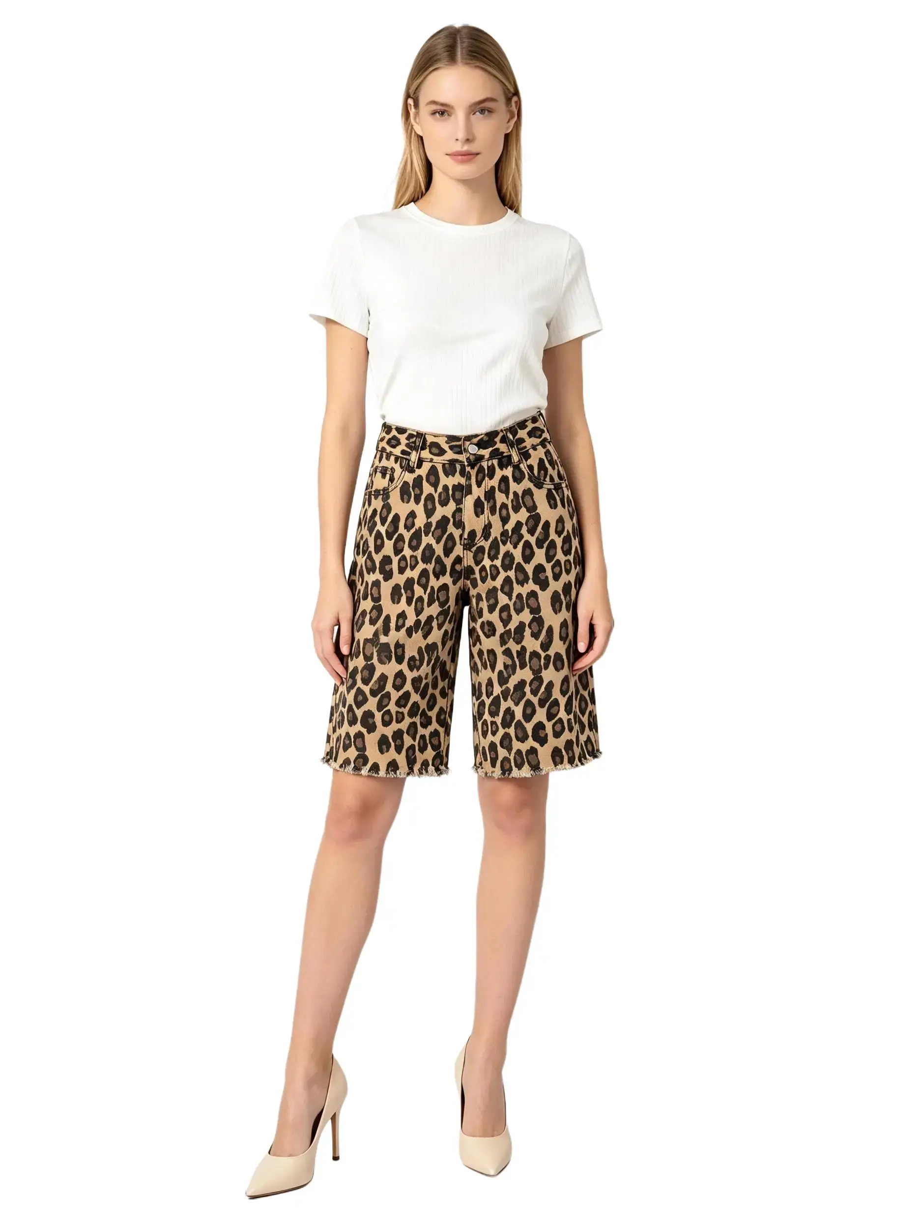 Women's High Waist Leopard Print Raw Hem Bermuda Denim Shorts, Loose Fit Knee Length Fringed Edge Animal Pattern Jean Shorts with 5 Pockets, Y2K Vintage Streetwear Shorts for Daily Shopping Vacation Weekend Club Street Outfits