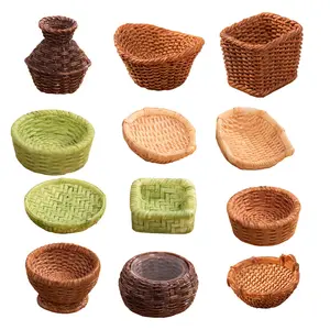 Mini Resin Rattan Baskets Realistic Bamboo Weaving Natural Tones Versatile Micro Landscape Decor for Dollhouse Fairy Garden Crafts