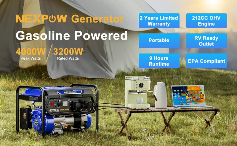 4000W Portable Generator, Gasoline Powered RV Ready Generator for Backup Home & Outdoor Camping, EPA Compliant, 9H Full Load Runtime, Open Frame