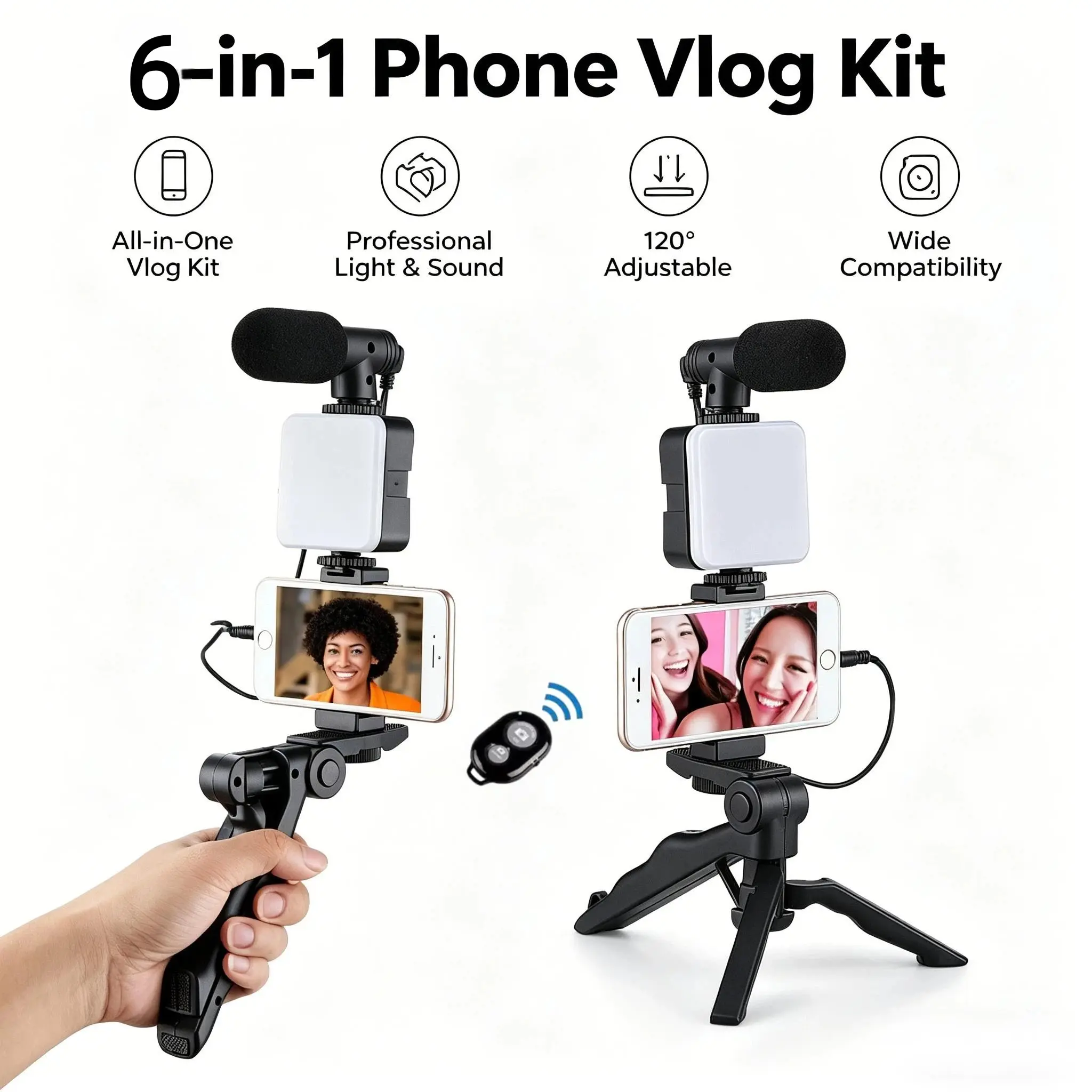6-in-1 Phone Vlogging Kit, Phone Selfie Tripod, Handheld & Desktop Tripod Phone Mount with Noise Reduction Microphone, LED Fill Light & Bluetooth Remote, Phone Video Recording Equipment for Live Streaming, YouTube Vlogging, Live Broadcast Equipment