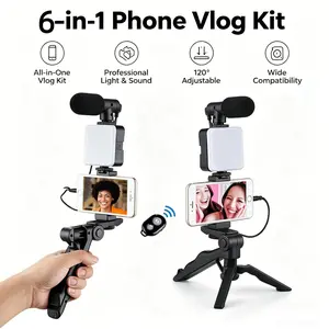 6-in-1 Smartphone Vlogging Kit, Handheld & Desktop Tripod with Noise Reduction Microphone, LED Fill Light & Bluetooth Remote, Universal Phone Video Recording Equipment for Live Streaming, TikTok, YouTube Vlogging & Content Creation