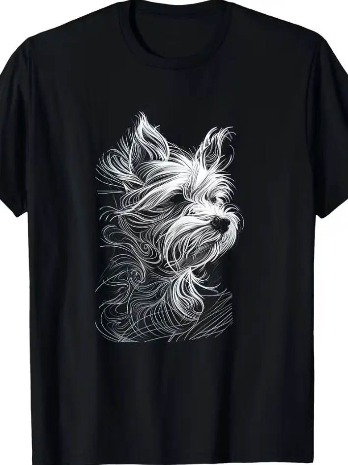 Yorkie Artistic Graphic Tee - Hand Drawn Line Art Shirt, Yorkie Portrait Top, Creative Dog Lover Gift,Personalized short-sleeved T-shirt, casual and daily wear, soft and comfortable, suitable for travel outfits.