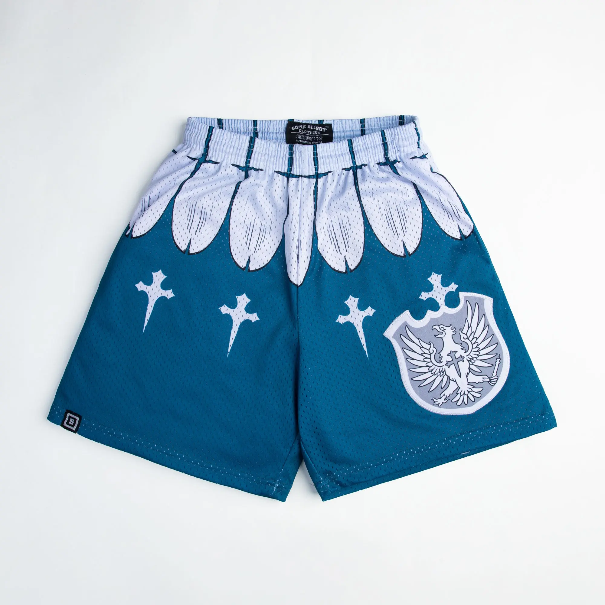 SomeSlight Silver Bird Mesh Shorts – Anime Style | Premium Streetwear Fit Menswear Hem Pockets