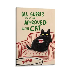 Funny Cat Canvas Wall Art | “All Guests Must Be Approved By The Cat” Cozy Apartment & Cat Lover Decor